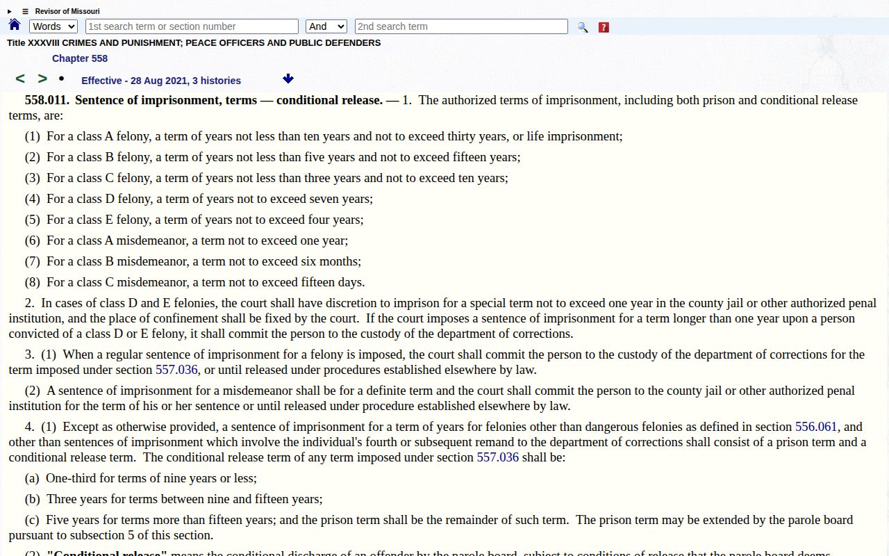 Missouri conditional-release calculation statute for an eligible Wayne County sentence
