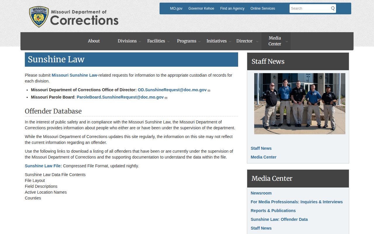 Missouri DOC Sunshine Law page describing current and former offender data