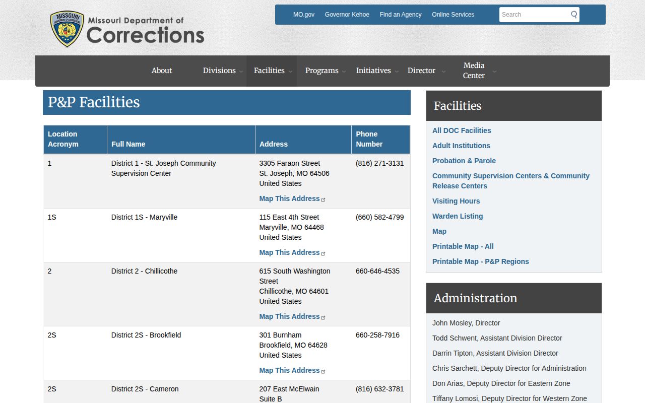 Official Missouri probation and parole office directory used to confirm a Wayne County assignment