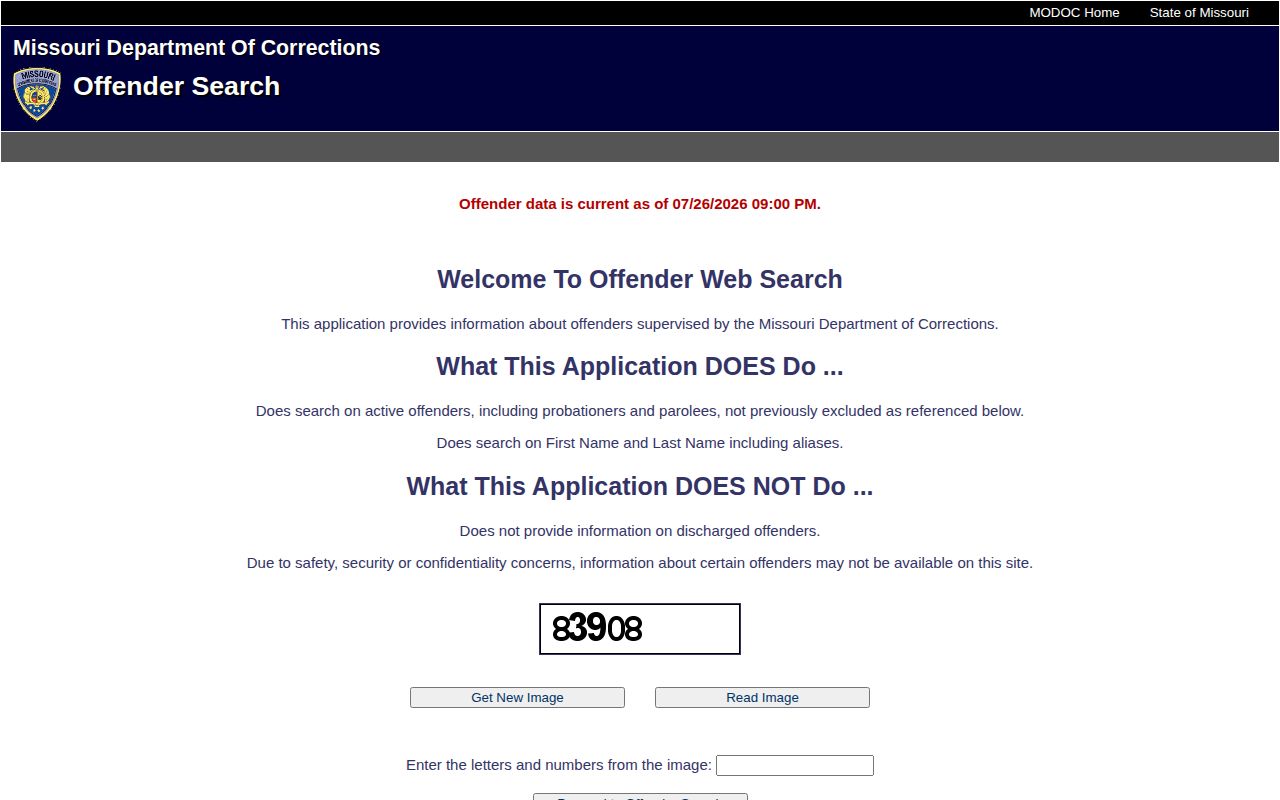 Missouri DOC Offender Web Search form used for active Wayne County state cases